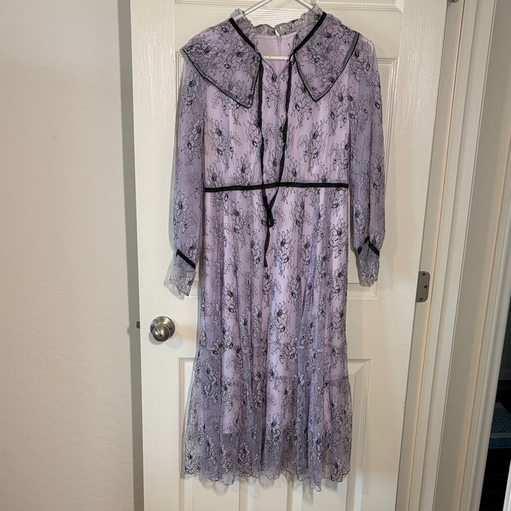 Lavender Lace Maxi Dress with Black Trim